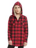 Red & Black Buffalo Plaid Girls Hooded Tunic Woven Button-Up, RED, hi-res