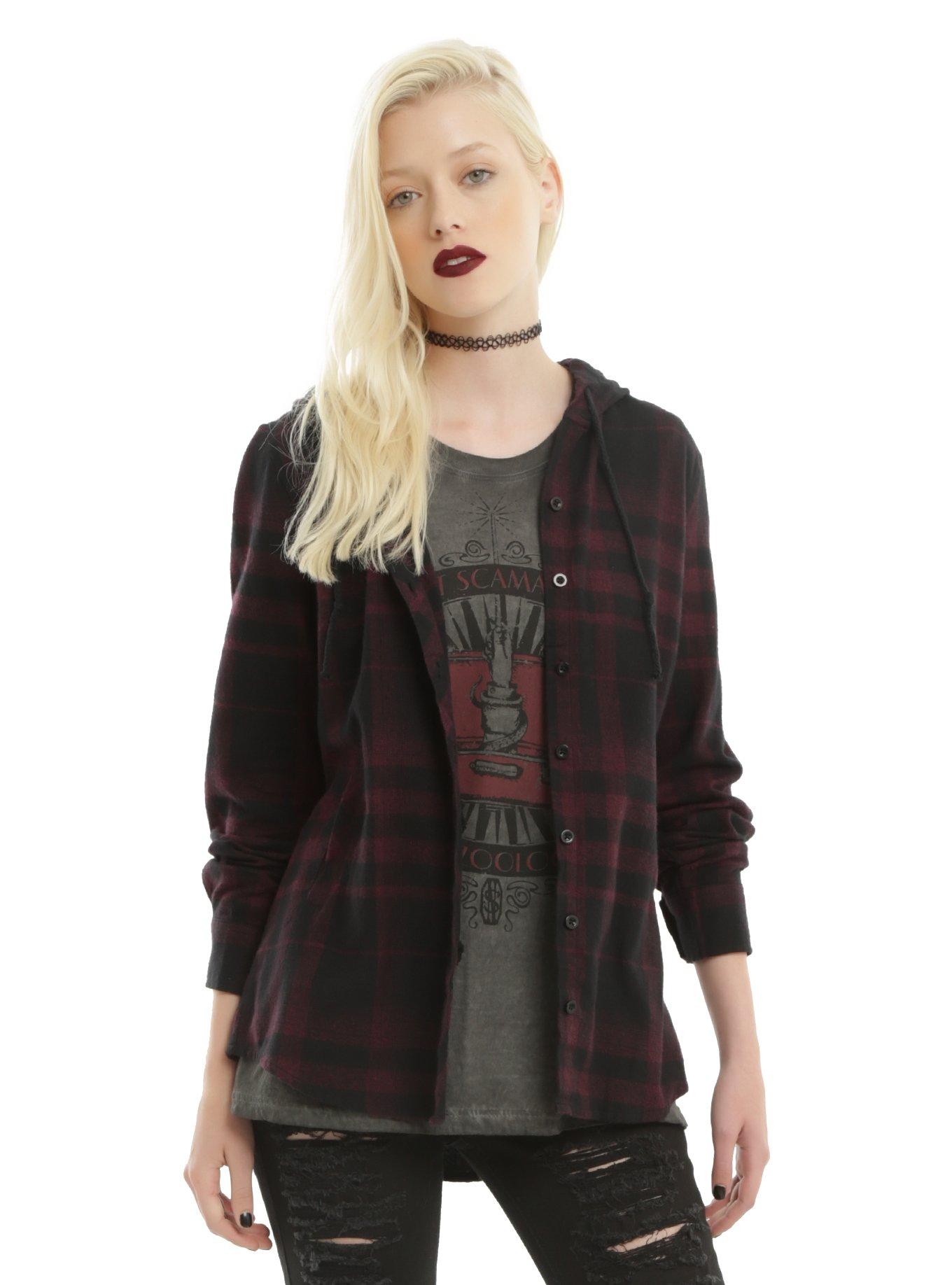 Burgundy & Black Plaid Hooded Girls Woven Button-Up, BURGUNDY, hi-res