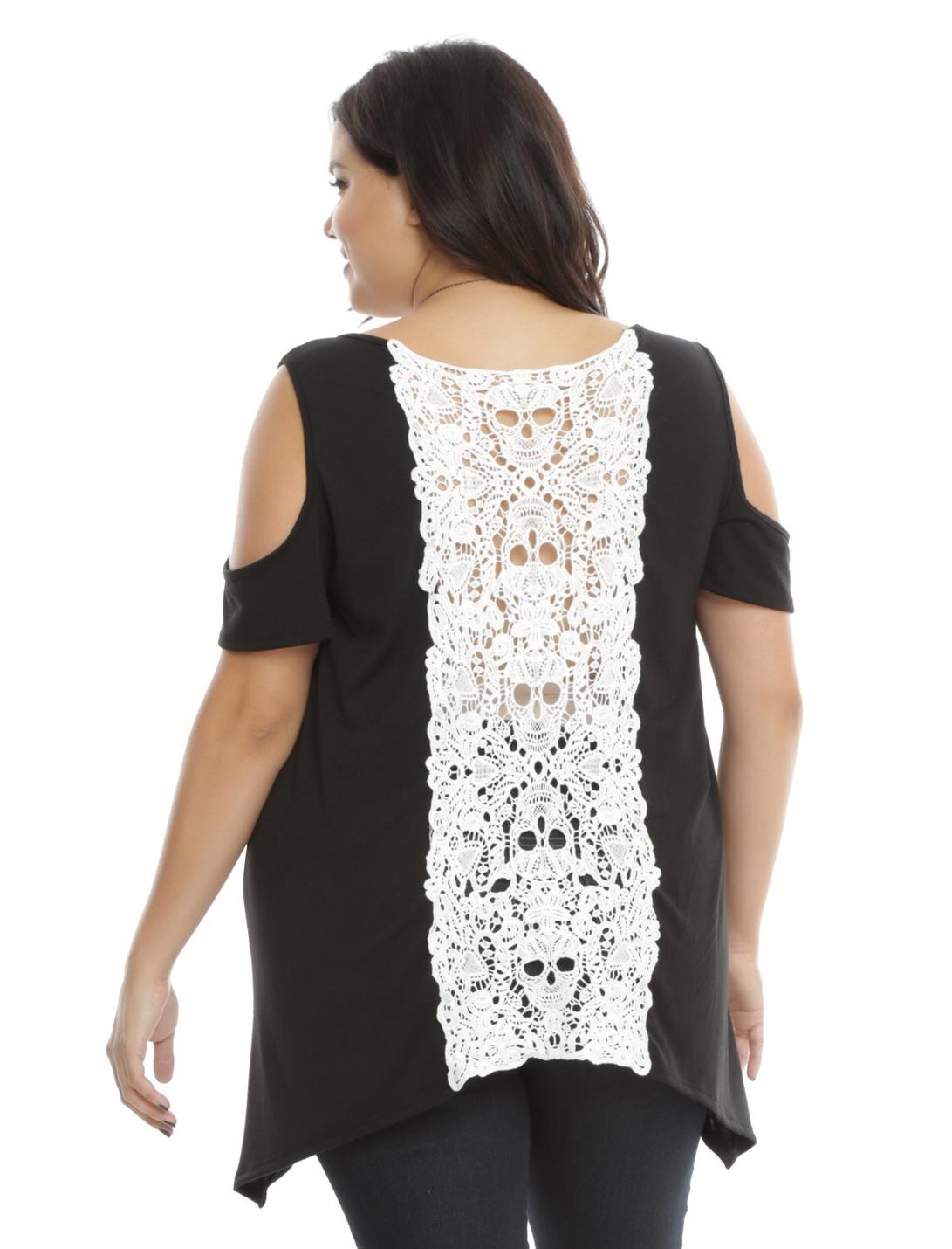 Black & Ivory Crochet Girls Cold Shoulder Top Plus Size, BLACK, hi-res