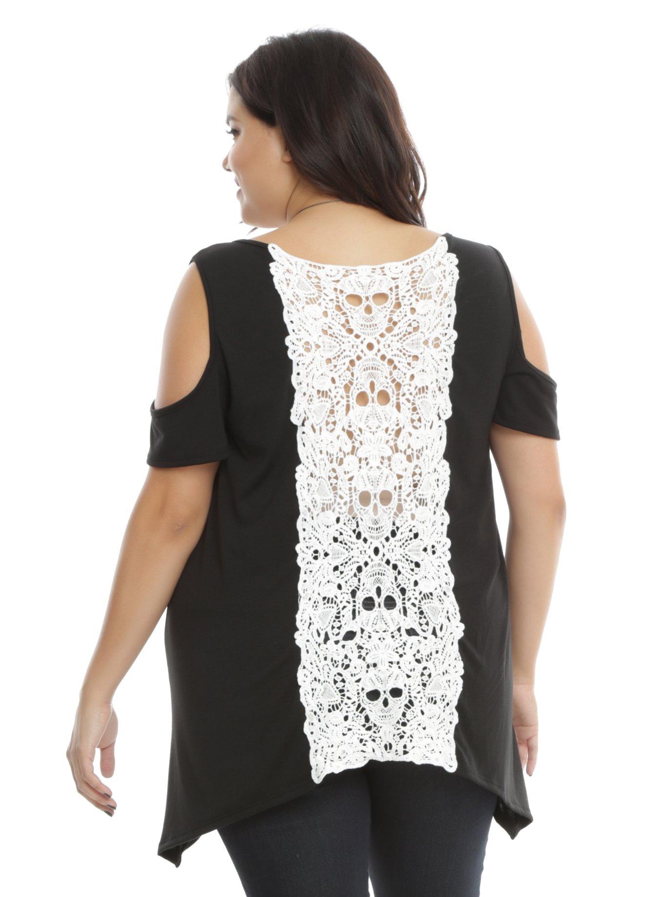 Black & Ivory Crochet Girls Cold Shoulder Top Plus Size, BLACK, hi-res
