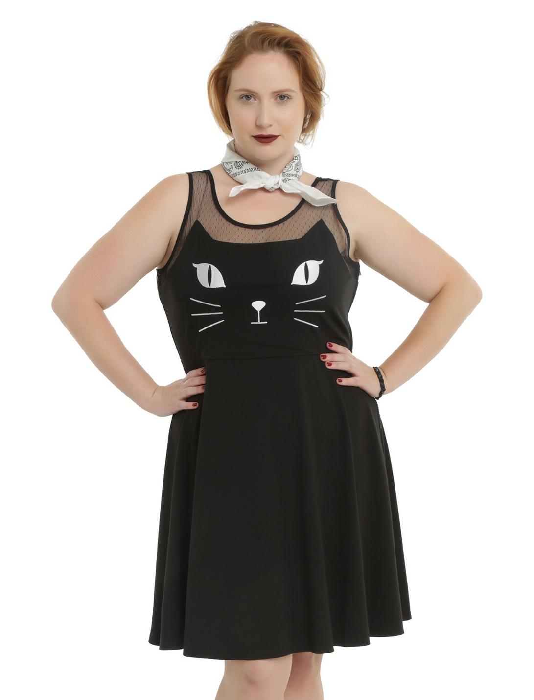 Black Kitty Cat Sleeveless Skater Dress Plus Size, BLACK, hi-res