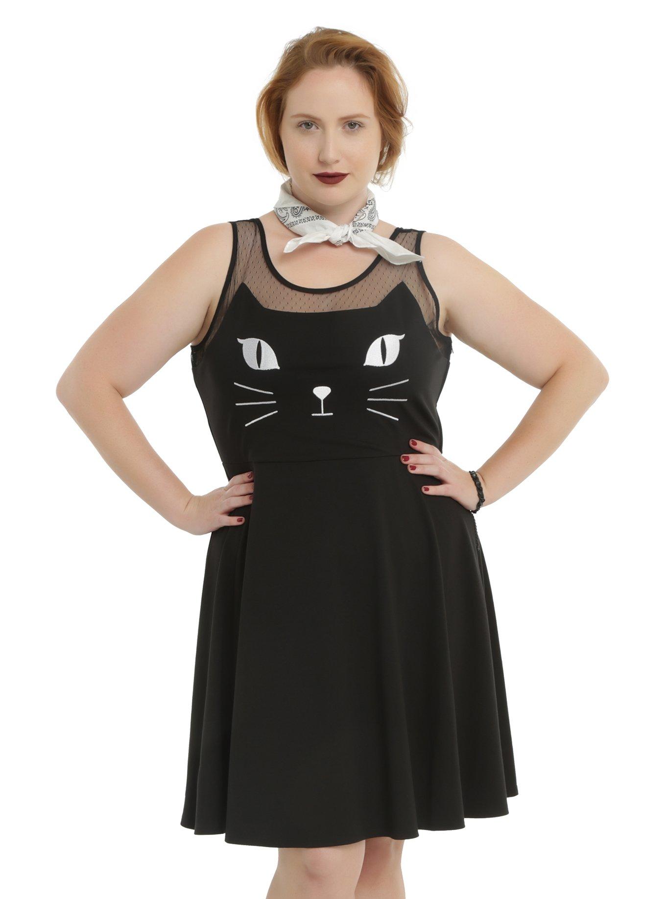 Black Kitty Cat Sleeveless Skater Dress Plus Size, BLACK, hi-res