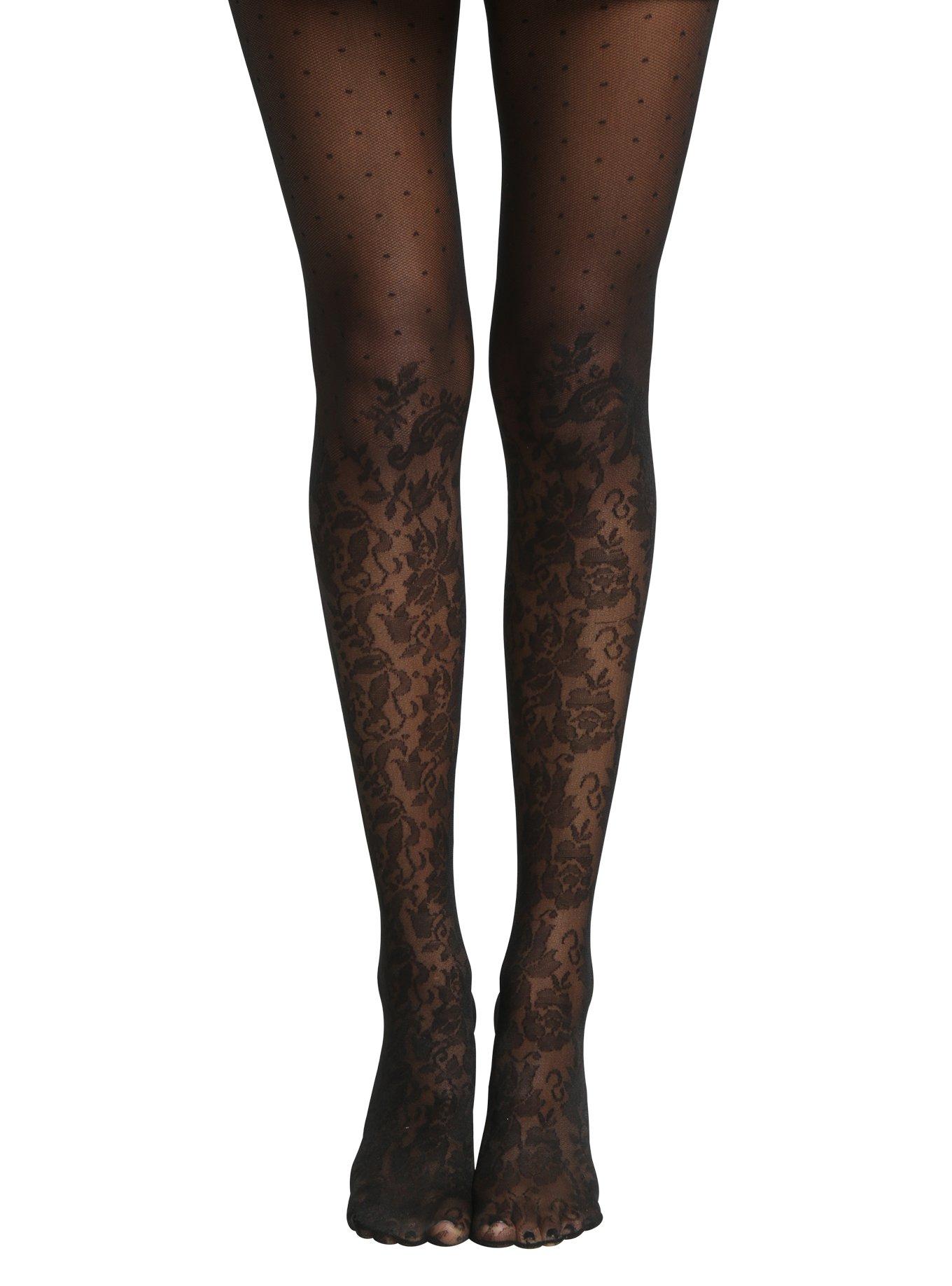 Blackheart Sheer Black Polka Dot Knee High Floral Tights, , hi-res