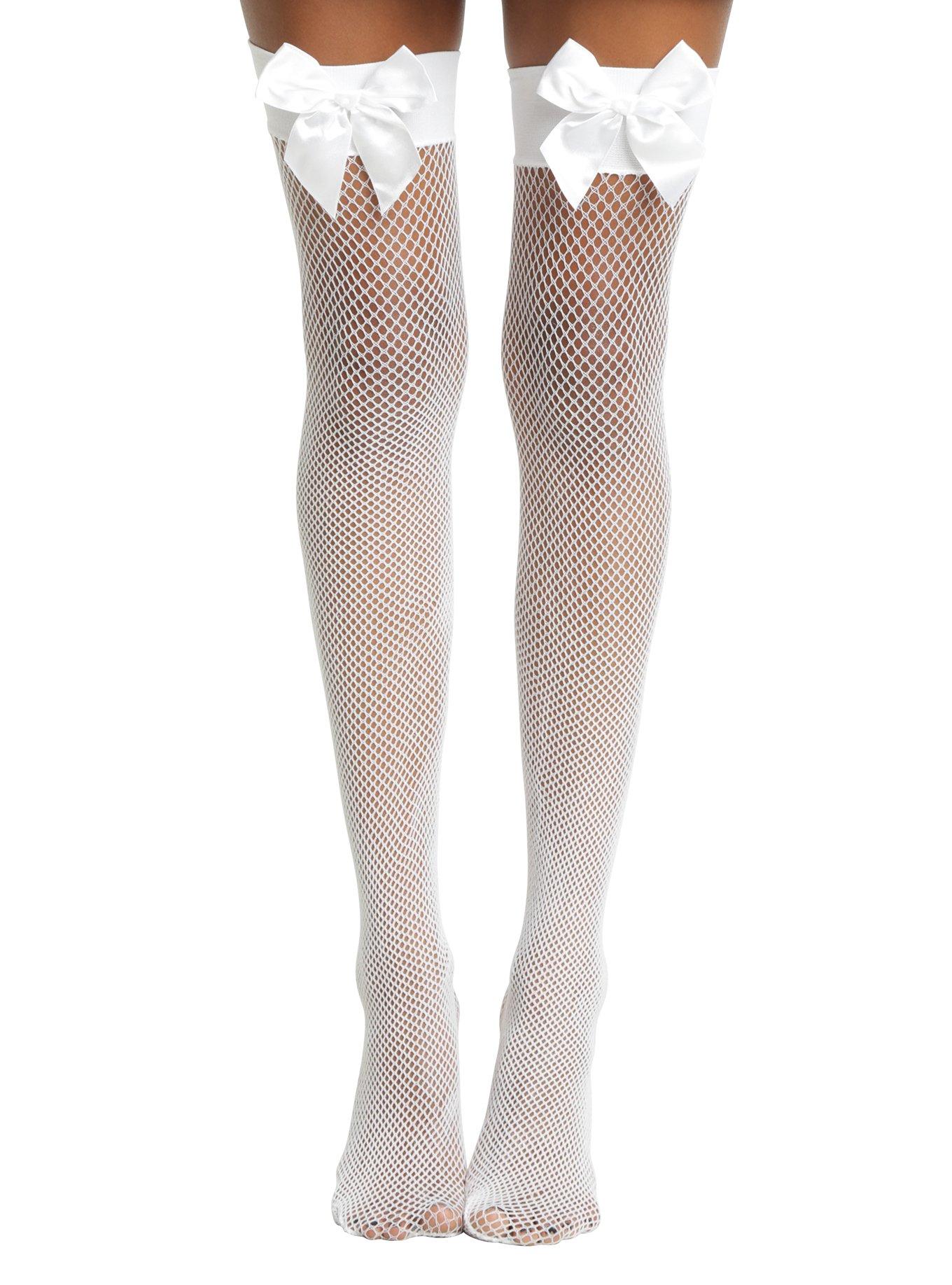Blackheart White Fishnet Bow Thigh Highs, , hi-res