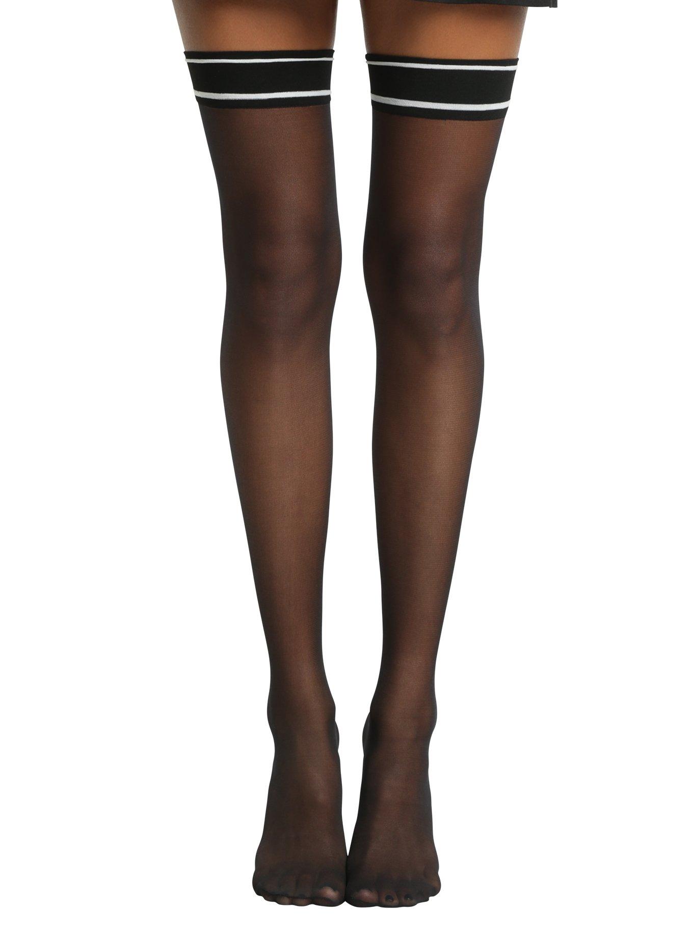 Blackheart Sheer Black White Stripe Band Thigh Highs, , hi-res