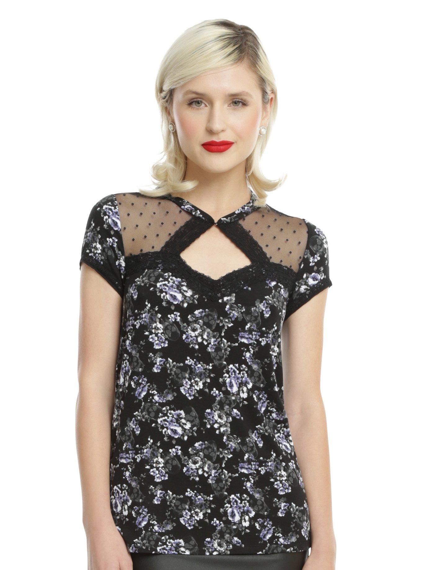 Black & White Skull & Roses Mesh Keyhole Girls Top, BLACK, hi-res