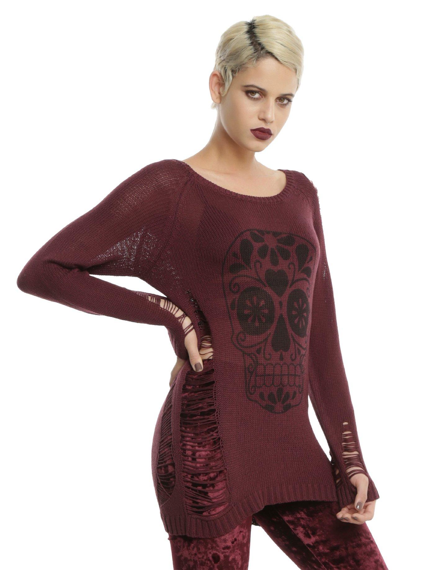 Burgundy & Black Sugar Skull Destructed Girls Sweater, BLACK, hi-res