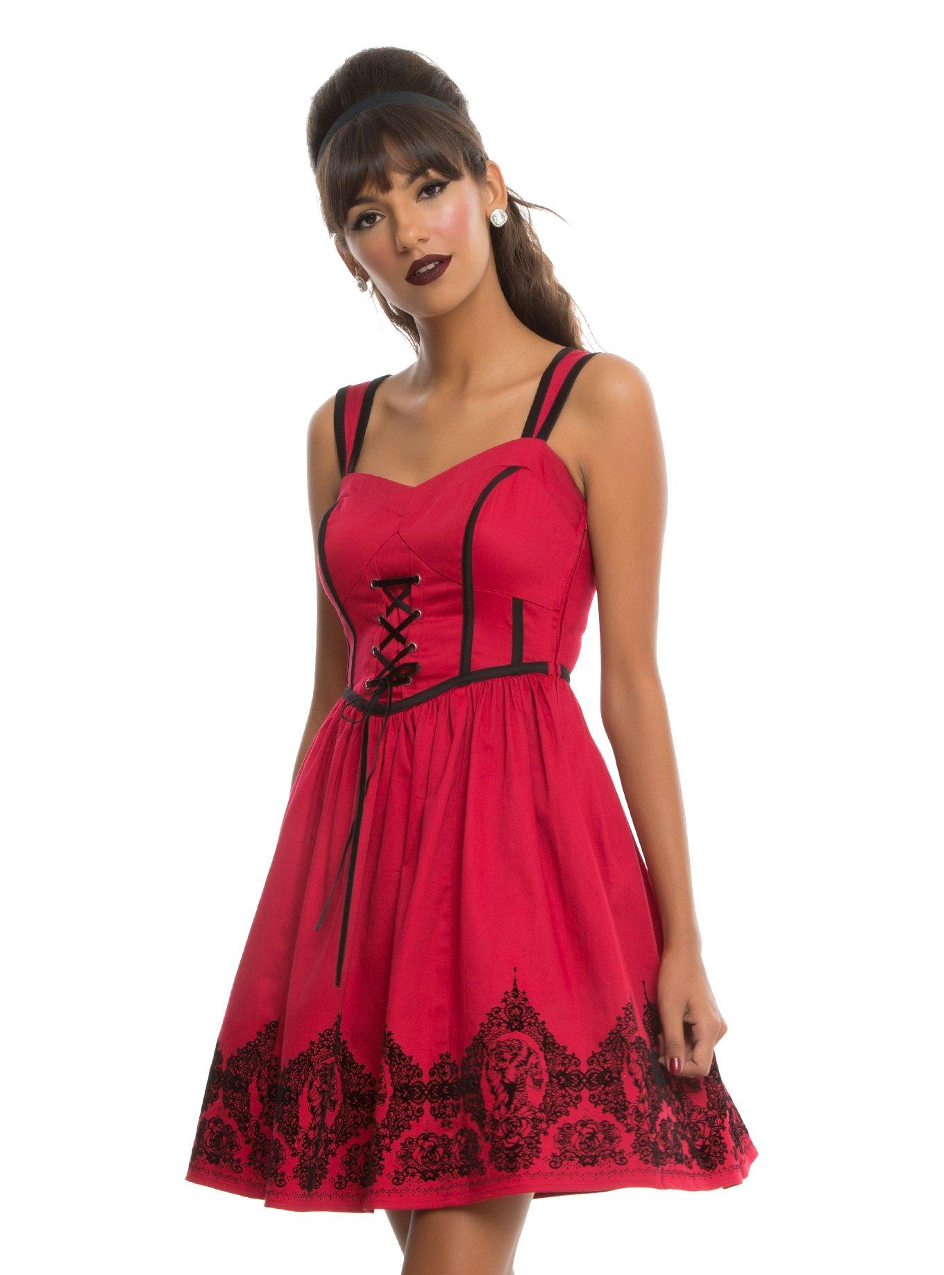 Red & Black Velvet Print Border Ball Gown Dress, RED, hi-res