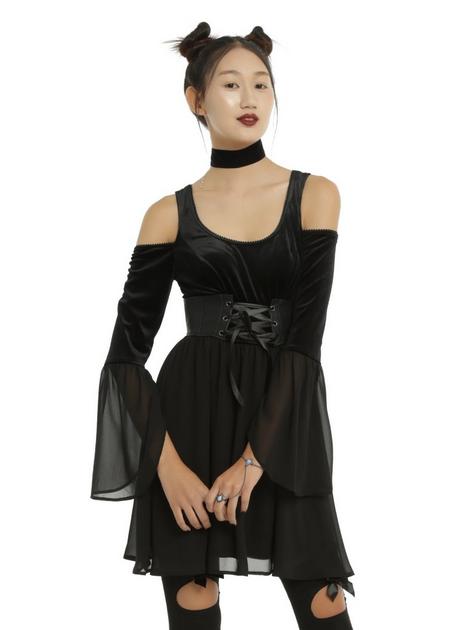 Black Velvet Bell Sleeve Cold Shoulder Dress | Hot Topic