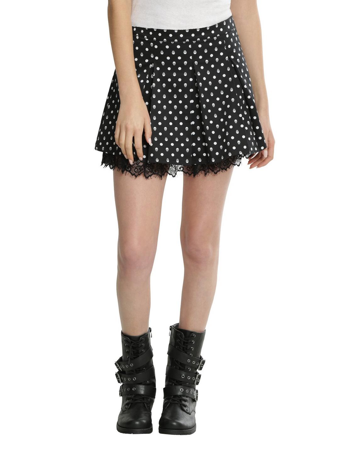 Black & White Skull Dot Pleated Skirt, BLACK, hi-res