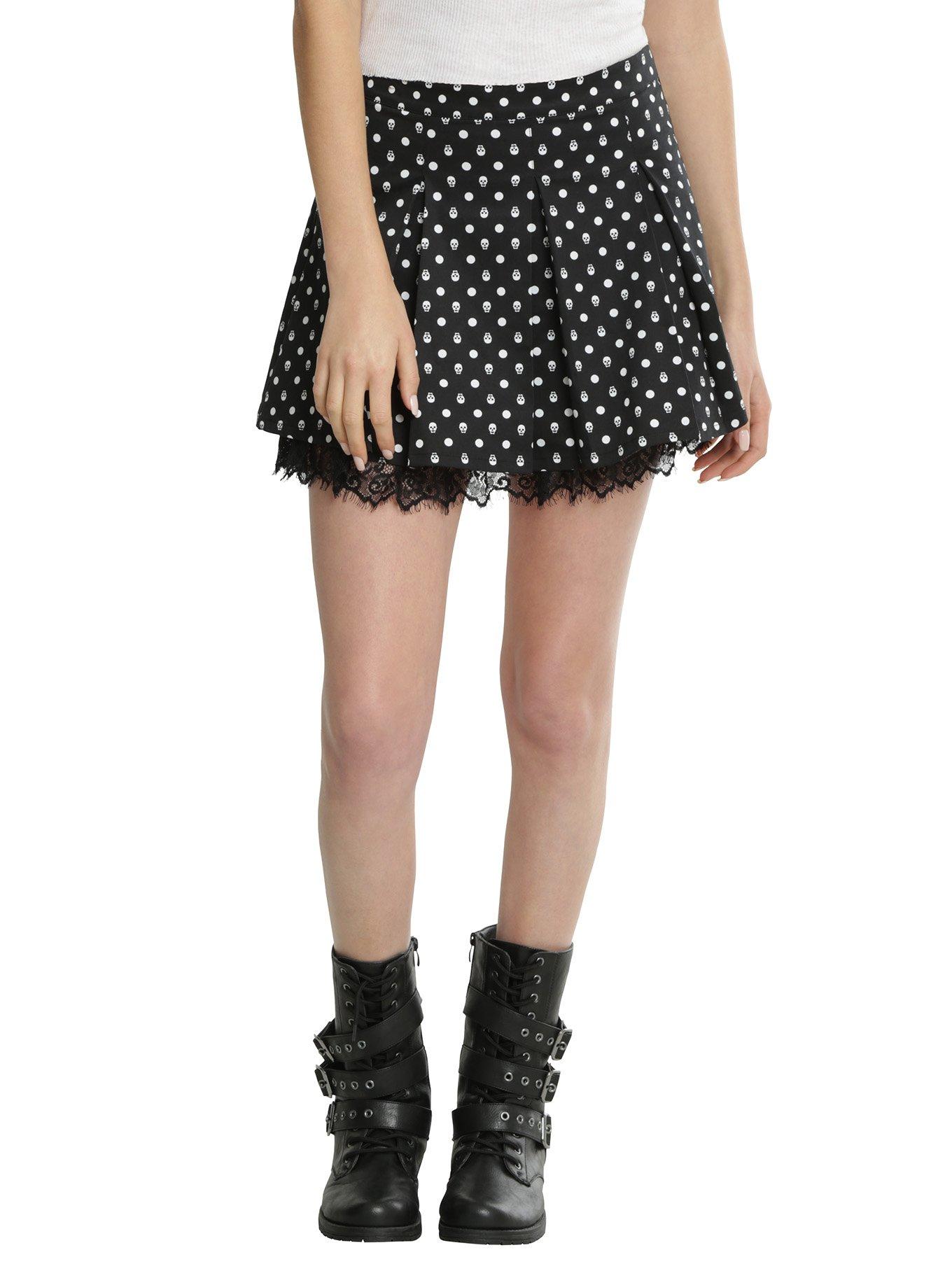 Black & White Skull Dot Pleated Skirt, BLACK, hi-res