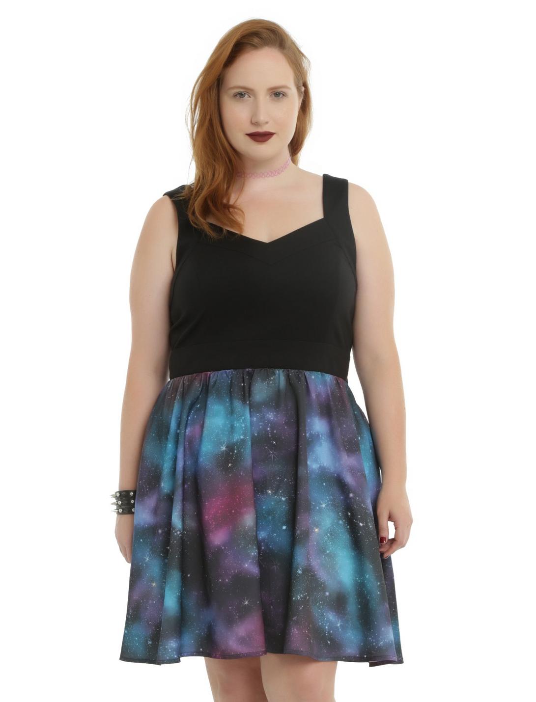 Galaxy Print Skater Dress Plus Size, BLACK, hi-res