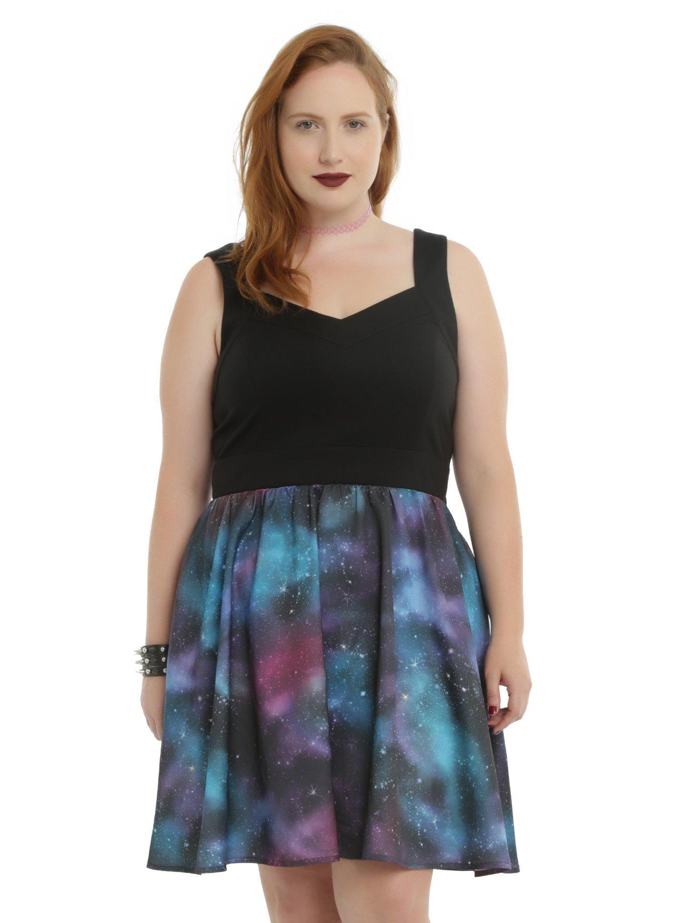 Galaxy Print Skater Dress Plus Size, BLACK, hi-res