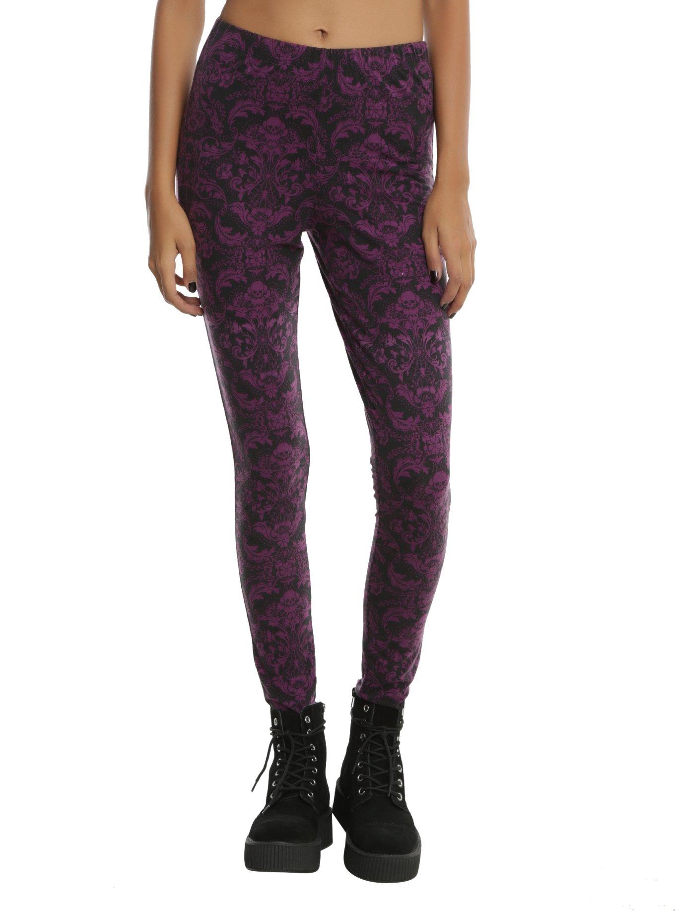 Blackheart Black & Purple Skull Damask Print Leggings, BURGUNDY, hi-res