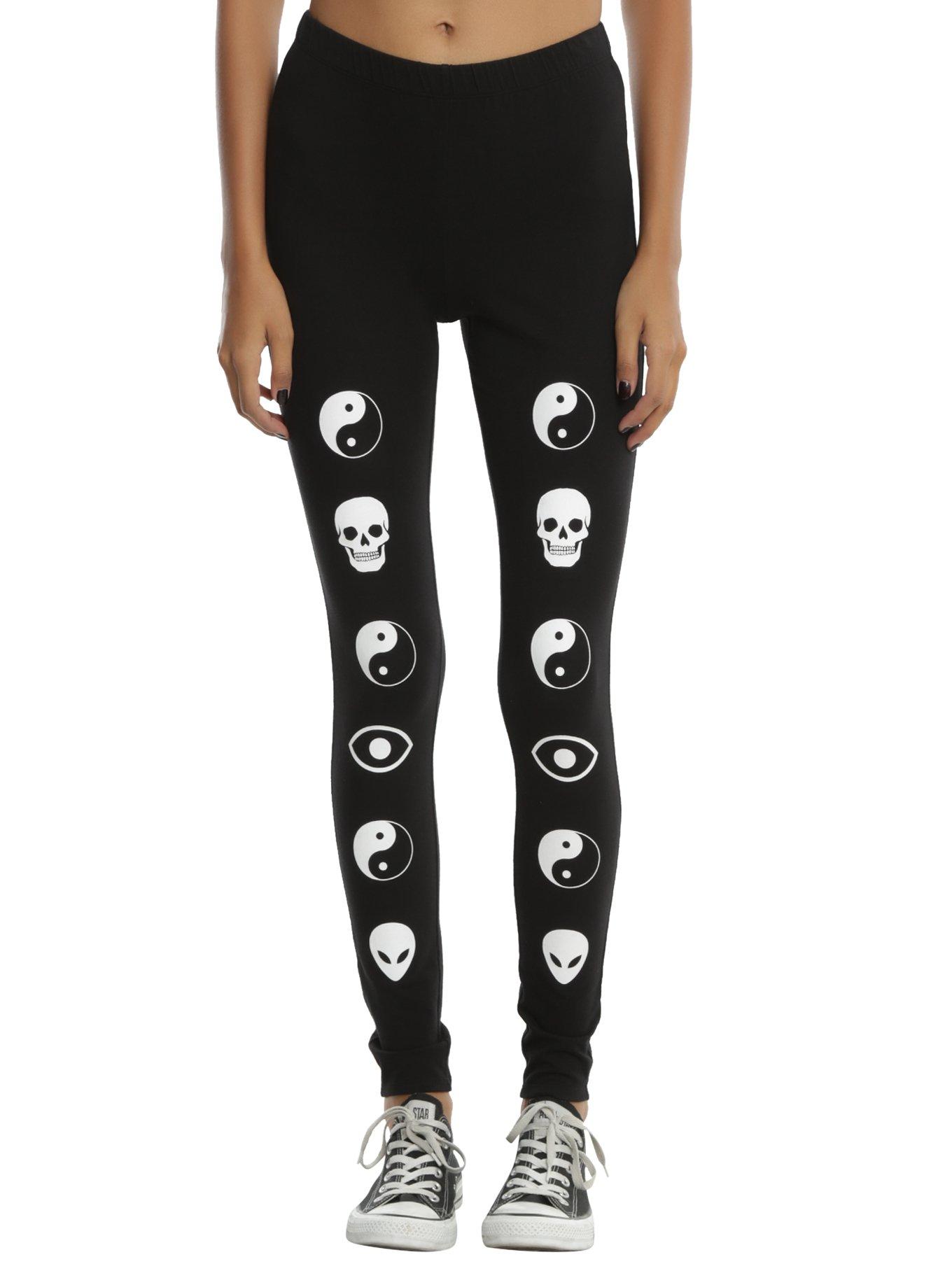 Blackheart Yin-Yang Skull & Alien Head Leggings, BLACK, hi-res