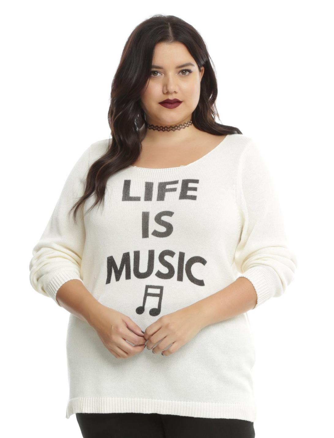 Ivory Lace-Up Back Life Is Music Girls Sweater Plus Size, IVORY, hi-res