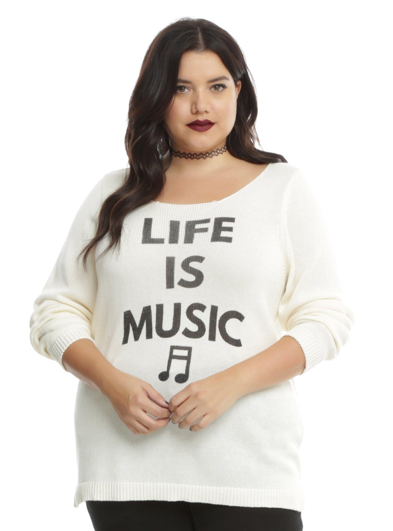 Ivory Lace-Up Back Life Is Music Girls Sweater Plus Size, IVORY, hi-res