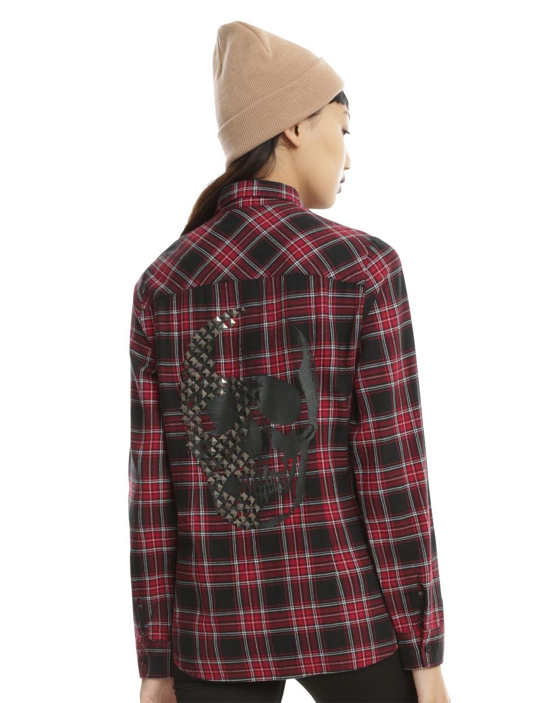 Red Black & White Plaid Studded Skull Girls Woven Button-Up, RED, hi-res