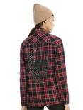Red Black & White Plaid Studded Skull Girls Woven Button-Up, RED, hi-res