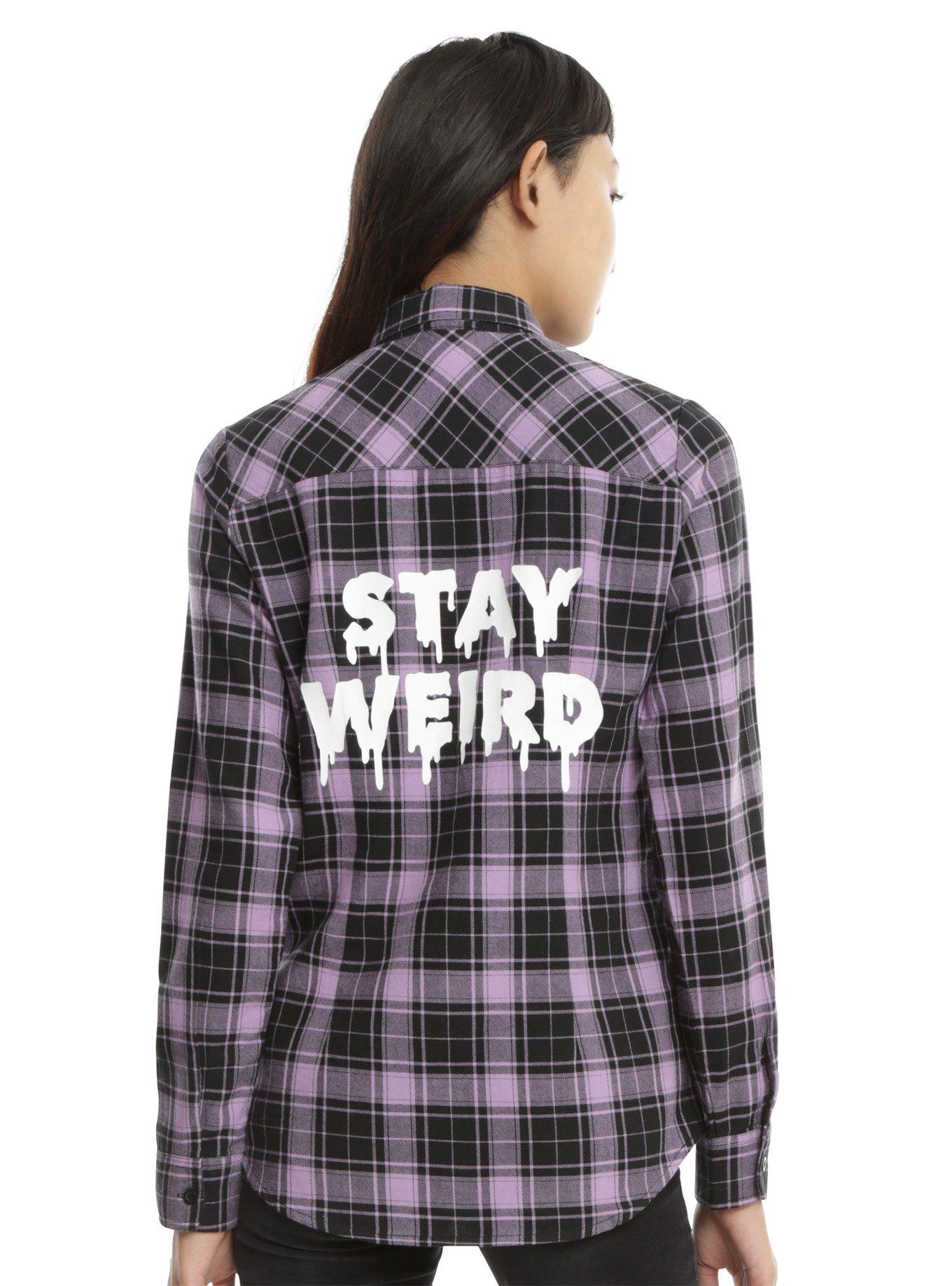 Black & Purple Stay Weird Plaid Girls Woven Button-Up, PURPLE, hi-res