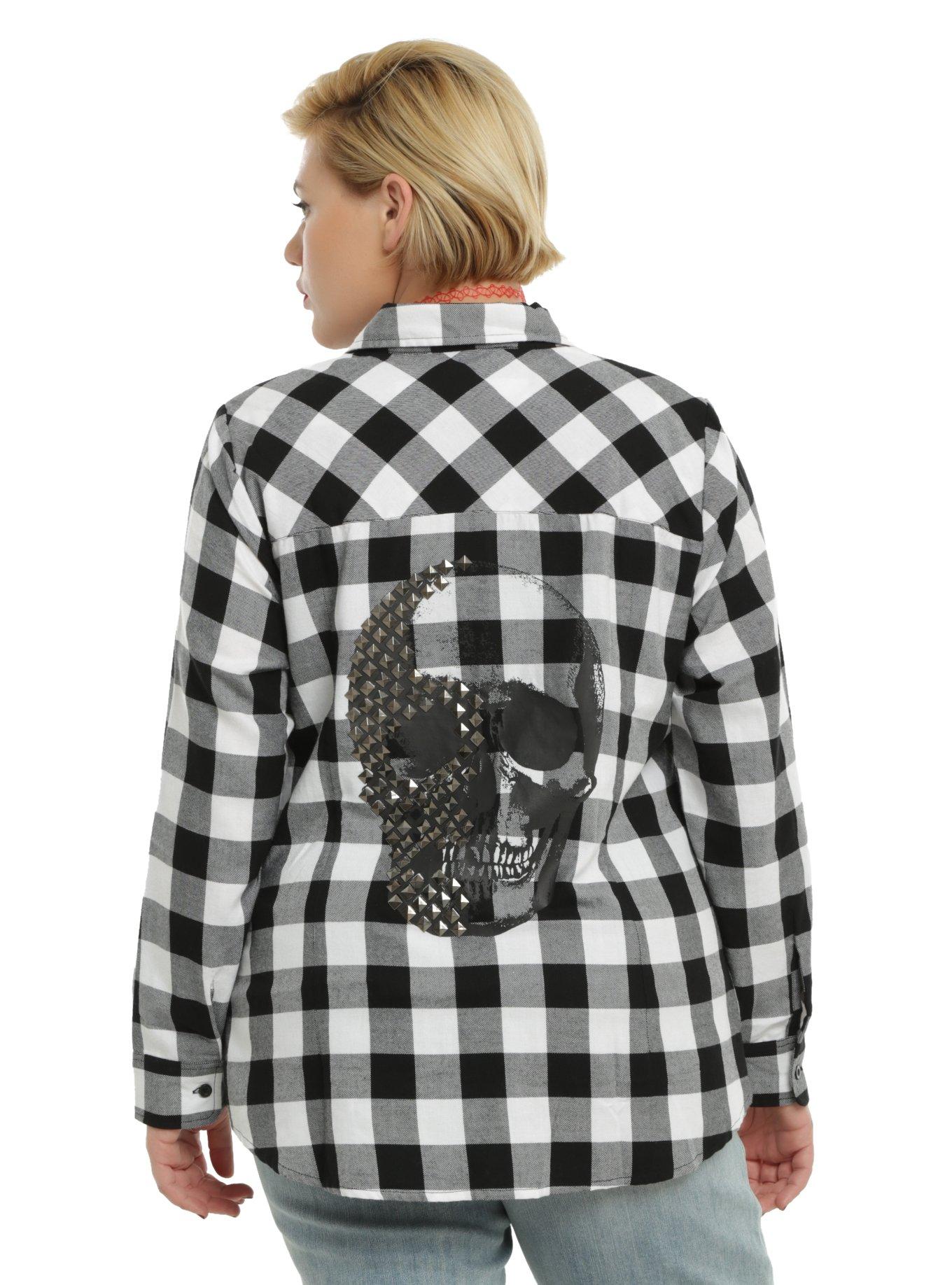 Black & White Plaid Studded Skull Girls Woven Button-Up Plus Size, BLACK, hi-res