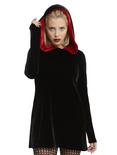 Black Velvet Red Lined Hood Long Hoodie Dress, BLACK, hi-res