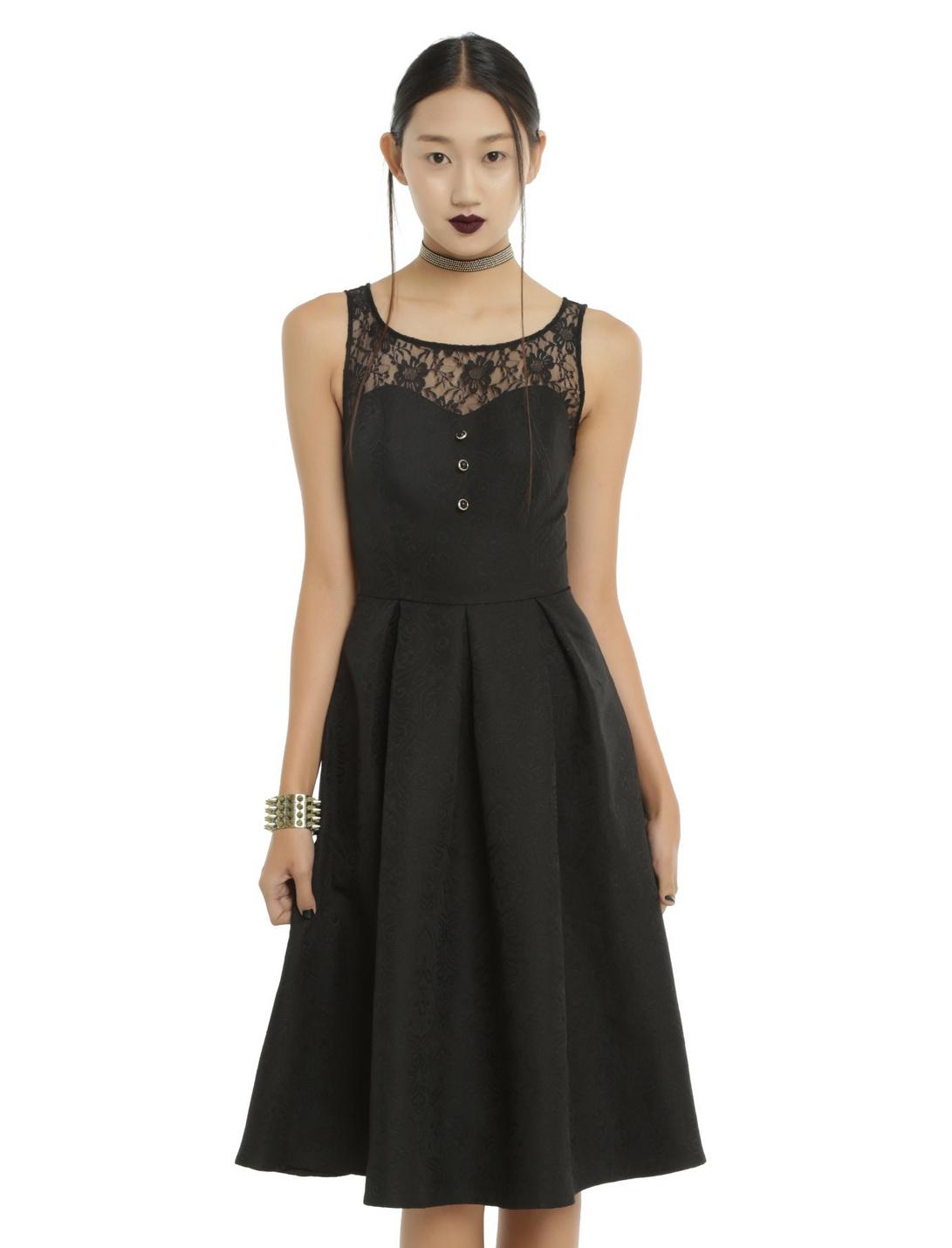 Black Brocade & Floral Lace Fit & Flare Dress, BLACK, hi-res