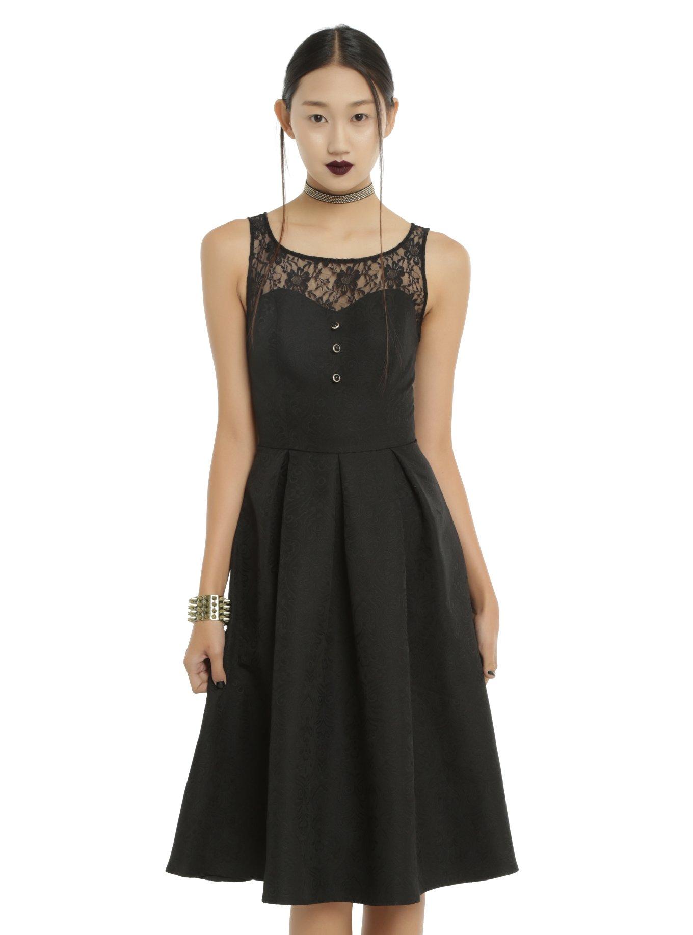 Black Brocade & Floral Lace Fit & Flare Dress, BLACK, hi-res