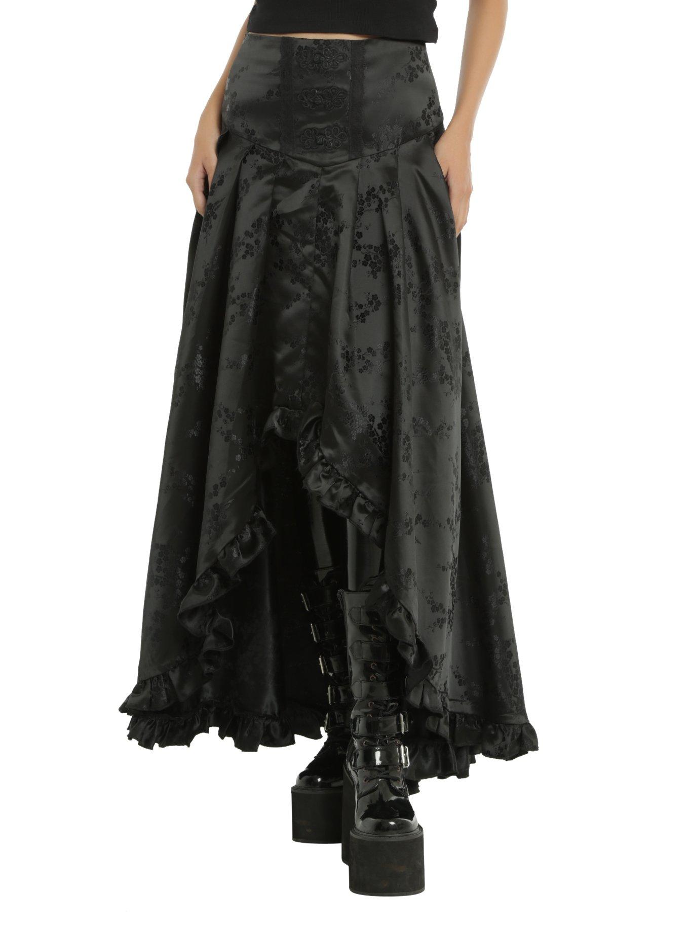 Black Brocade Hi-Low Ruffle Hem Maxi Skirt, BLACK, hi-res