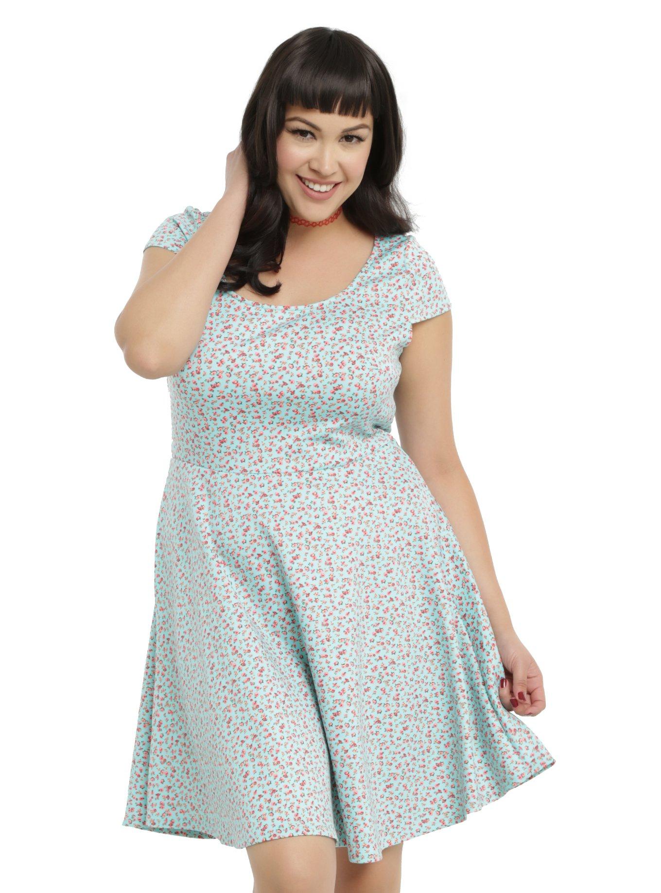 Teal And Pink Floral Skater Dress Plus Size, BLUE, hi-res