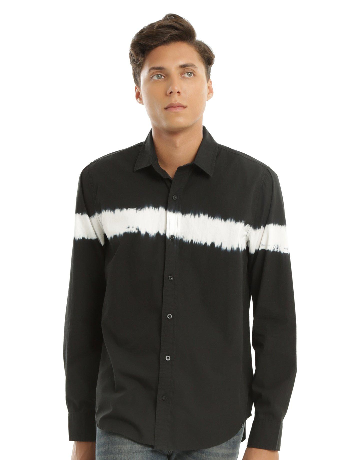 XXX RUDE Black & White Bleach Line Woven Button-Up, BLACK, hi-res