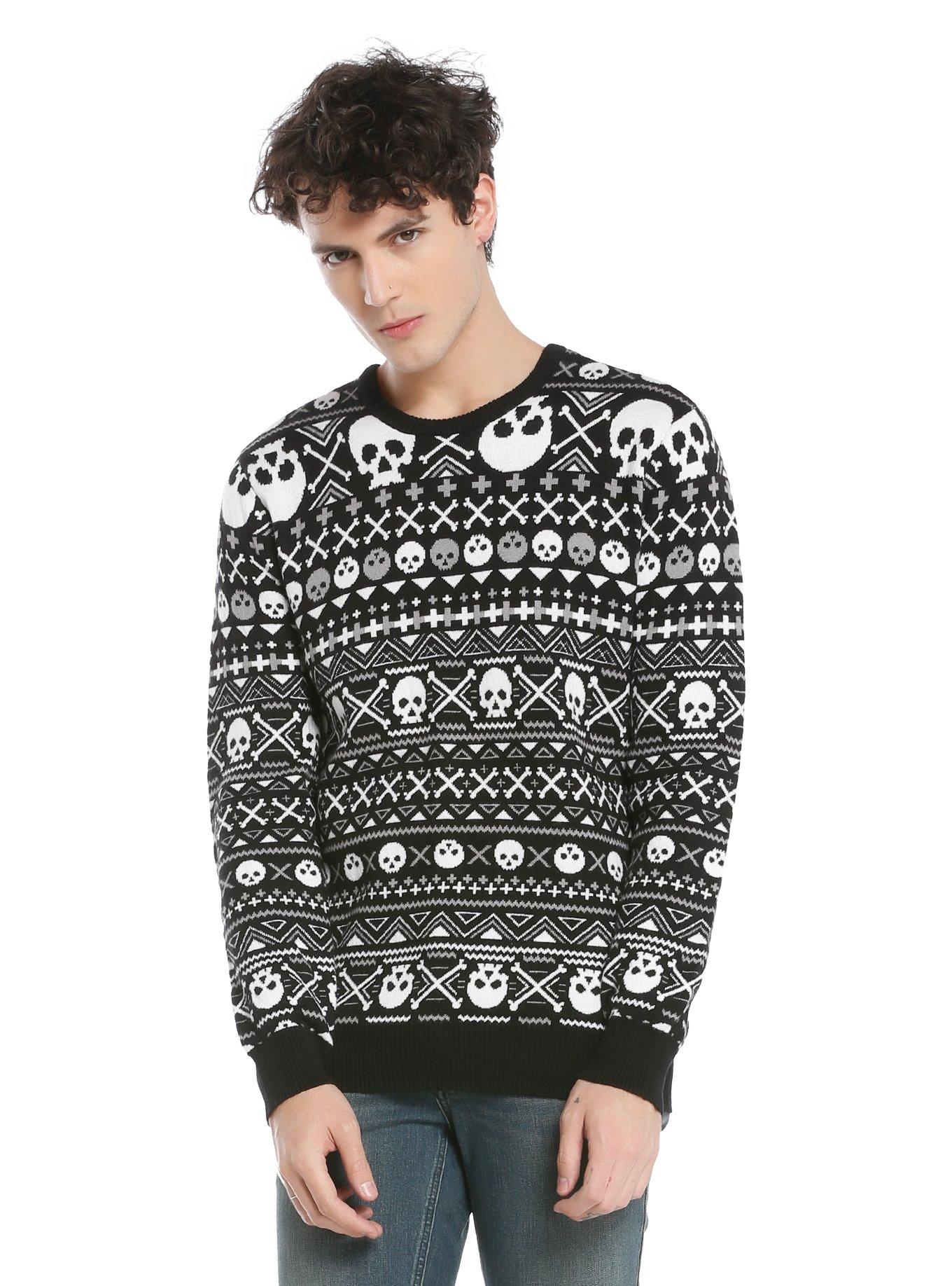 XXX RUDE Skull Fair Isle Knit Sweater, BLACK-WHITE, hi-res