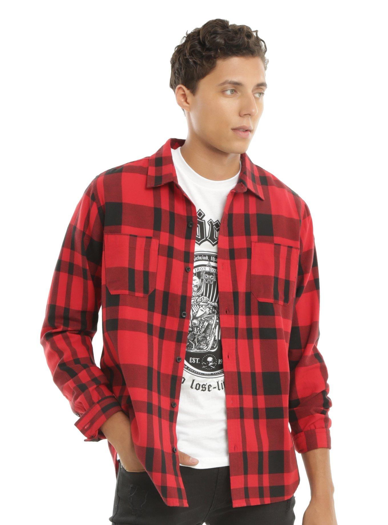 XXX RUDE Red & Black Oversize Plaid Woven Button-Up, MULTI, hi-res