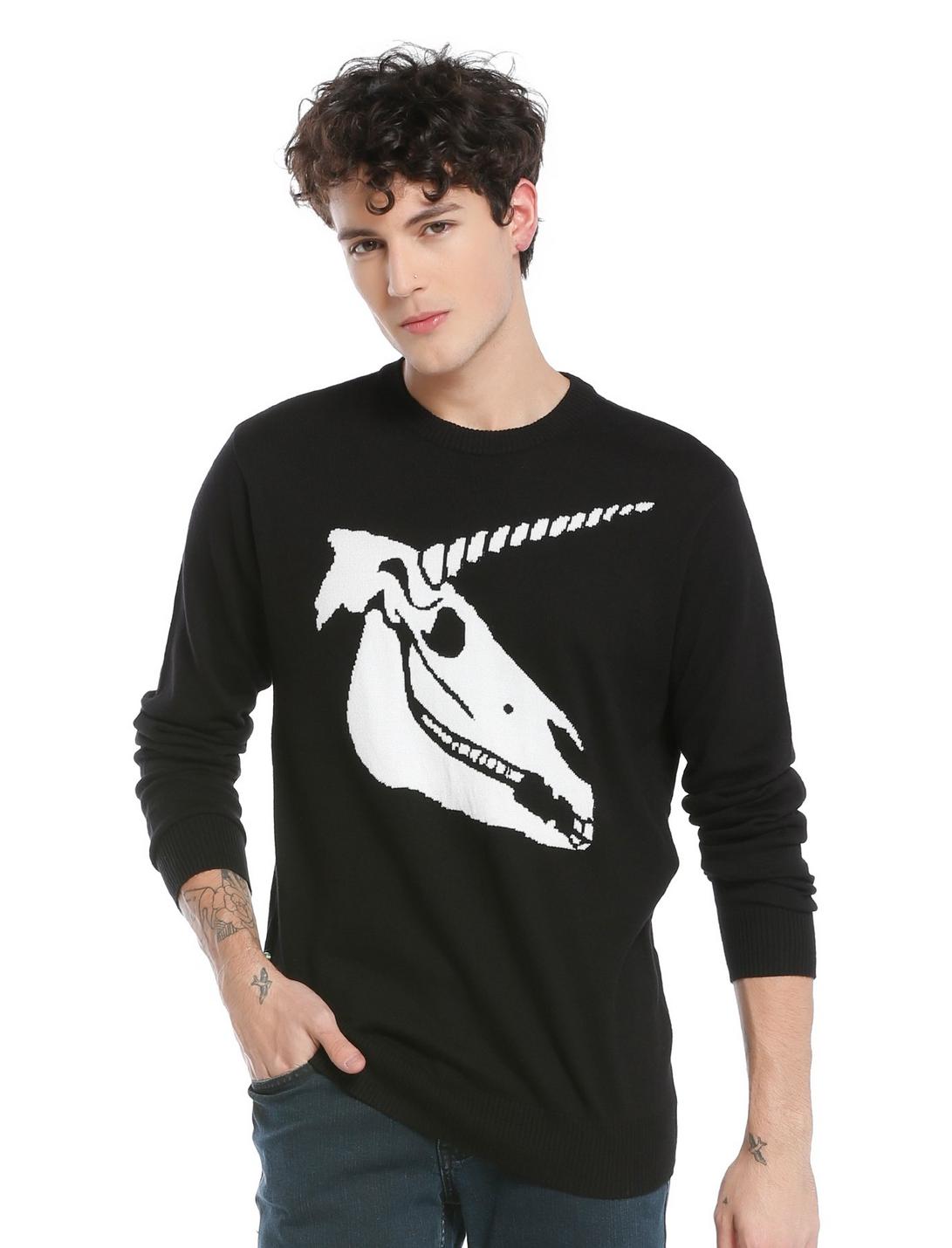 Black & White Unicorn Skull Intarsia Knit Sweater, BLACK-WHITE, hi-res