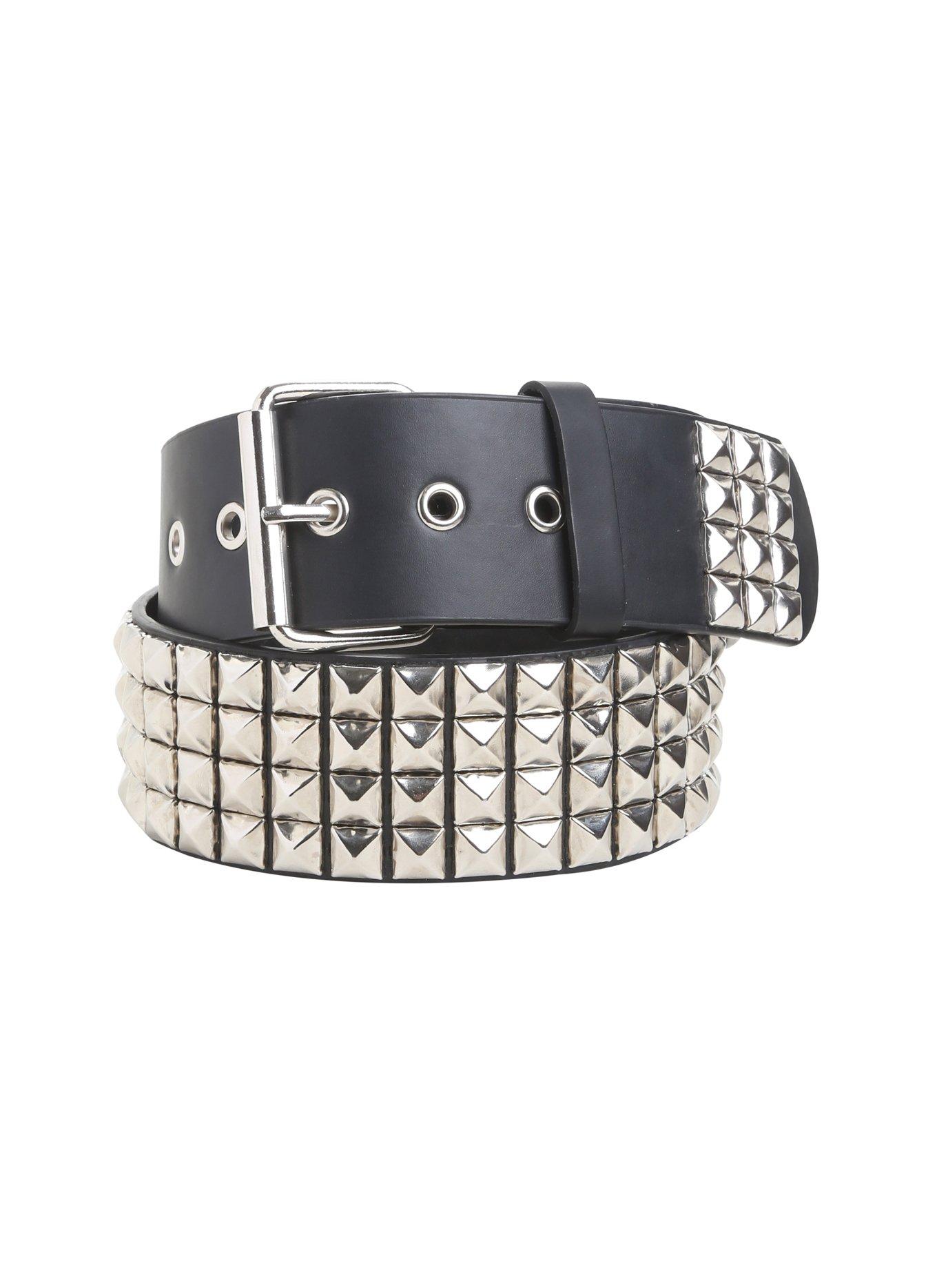 Black 4 Row Pyramid Studded Leather Belt, BLACK, hi-res