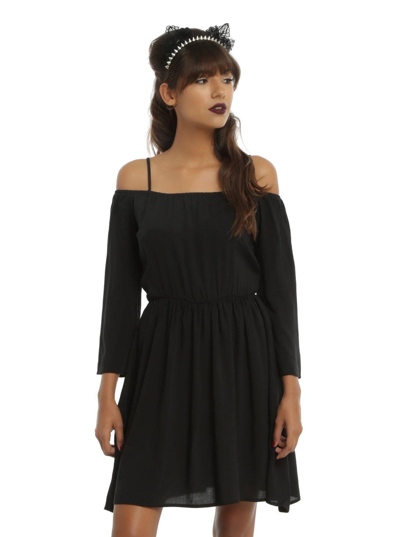 Black Boho Cold Shoulder Dress, BLACK, hi-res