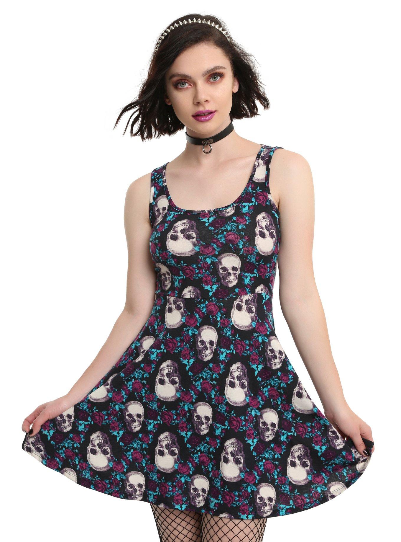 Black Floral Lace Back Skull Print Dress, BLACK, hi-res