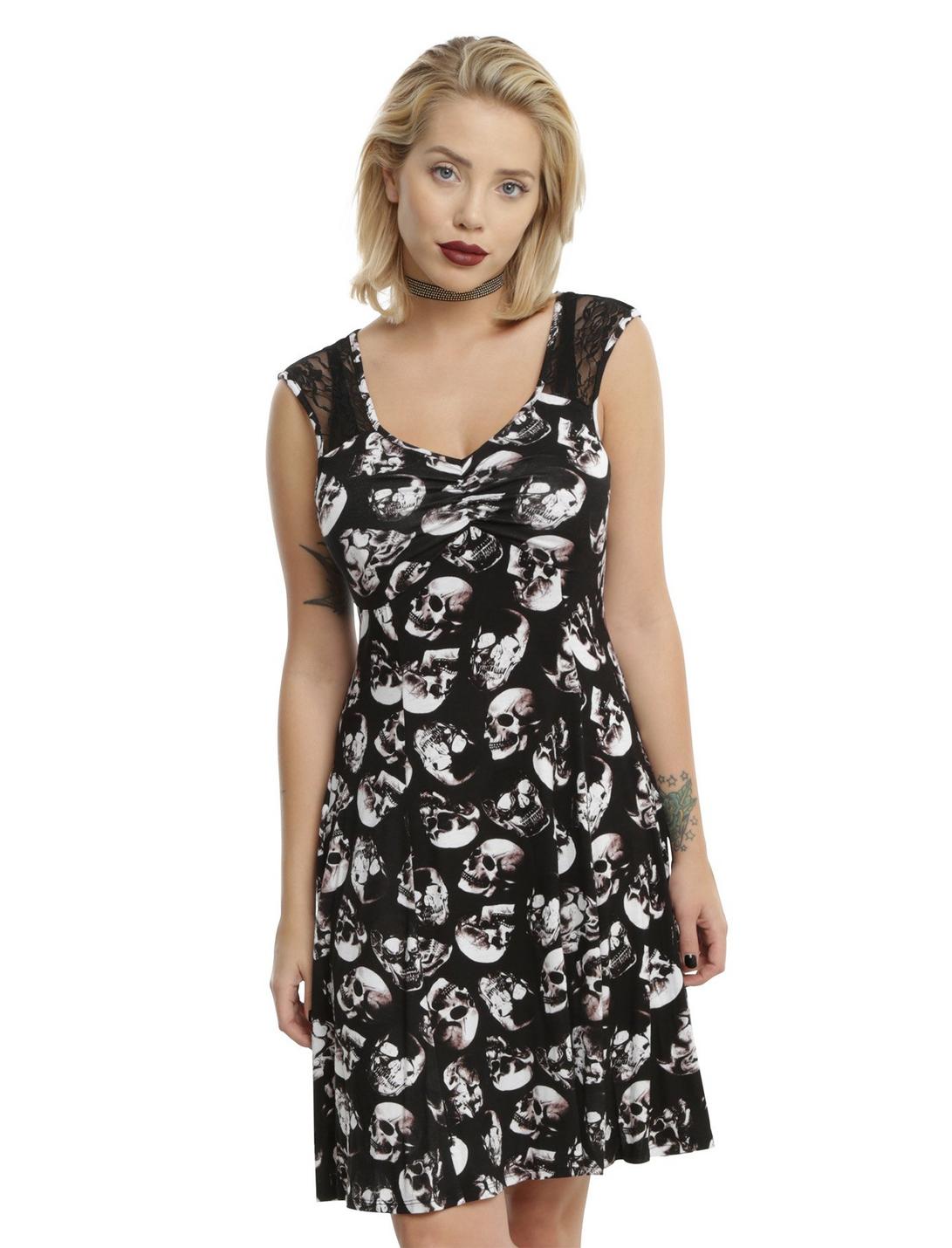 Black & White Skull Print Lace Cap Sleeve Dress, BLACK, hi-res