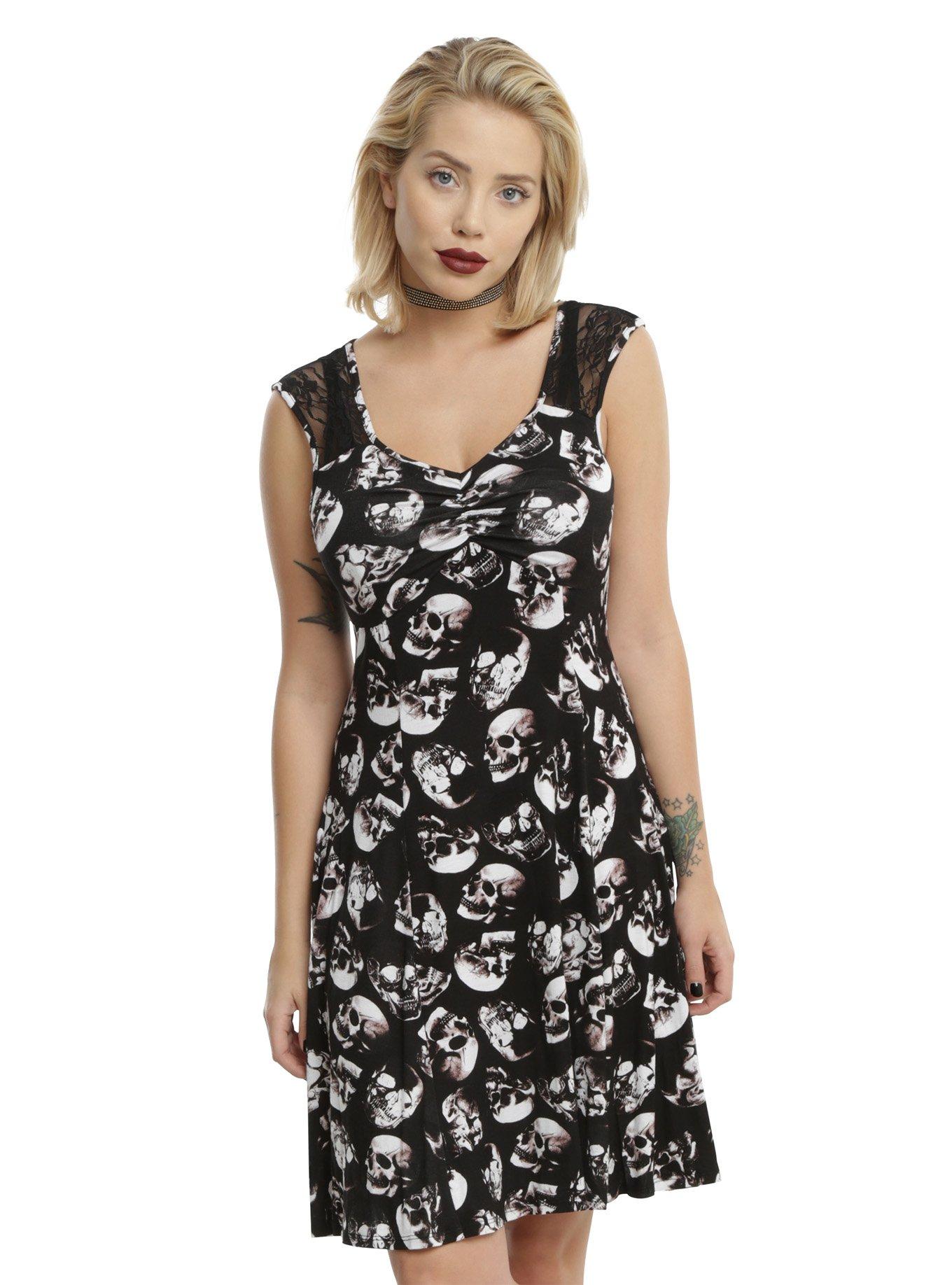Black & White Skull Print Lace Cap Sleeve Dress, BLACK, hi-res