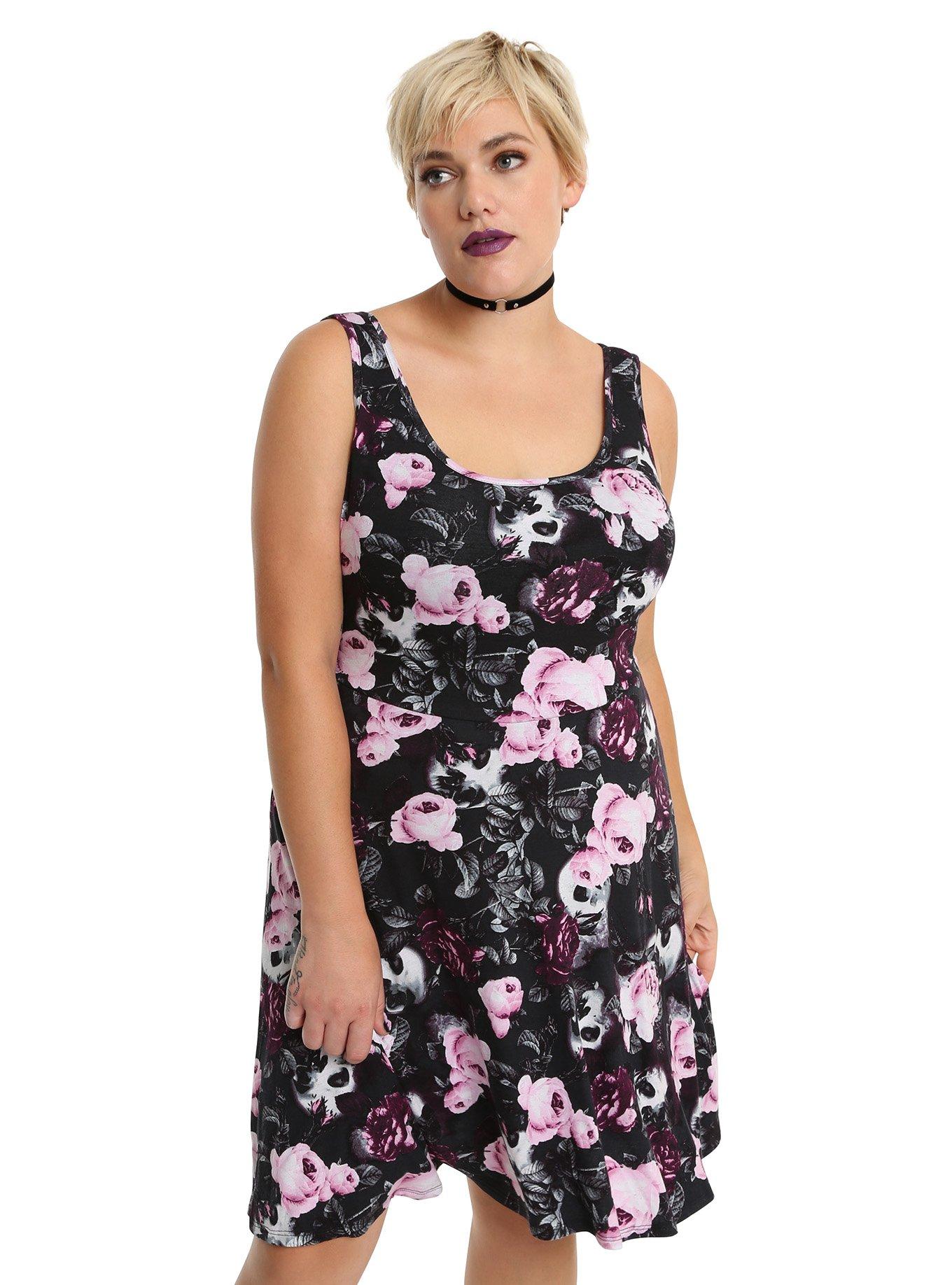 Pink & Black Rose Skull Dress Plus Size, BLACK, hi-res