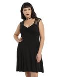 Black Lace Cap Sleeve Dress Plus Size, BLACK, hi-res