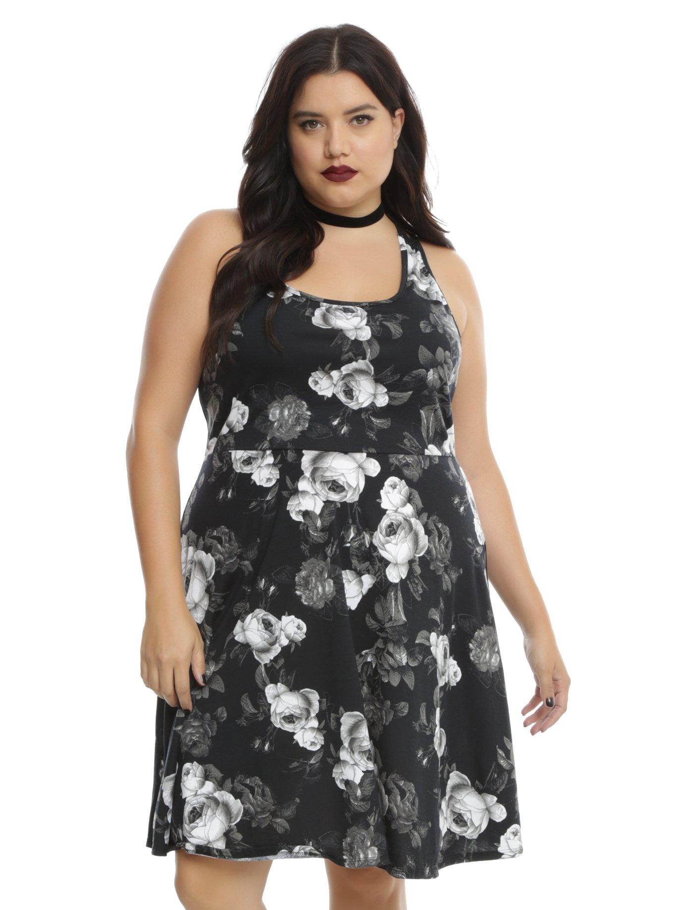 Black Floral Crochet Back Skater Dress Plus Size, BLACK, hi-res