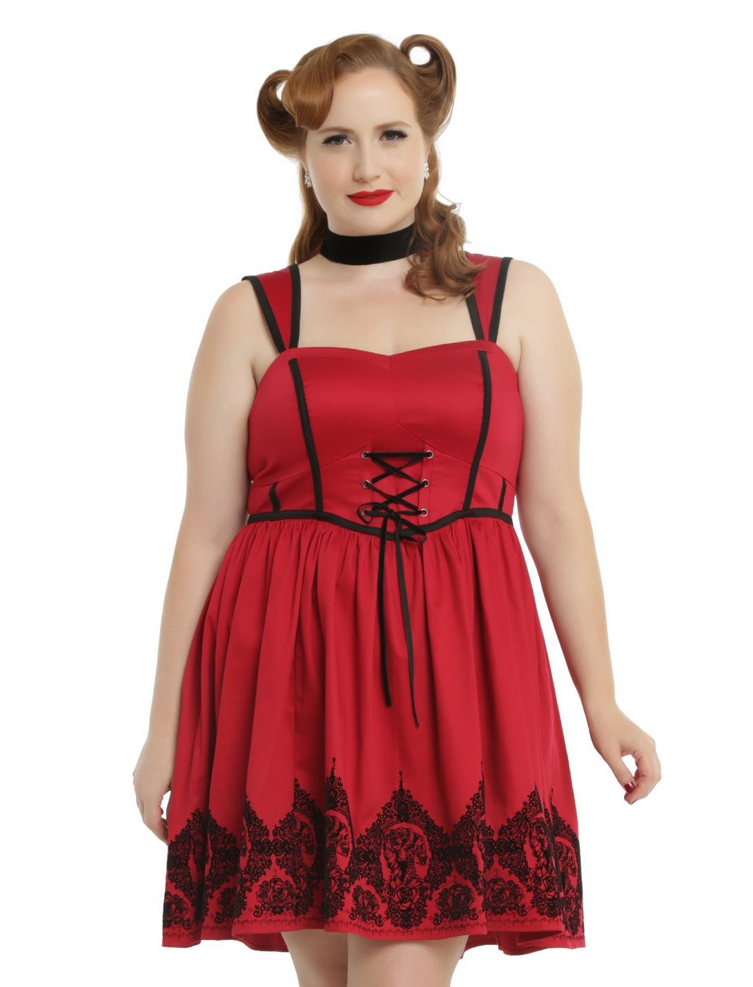Red & Black Velvet Border Print Ball Gown Plus Size, RED, hi-res