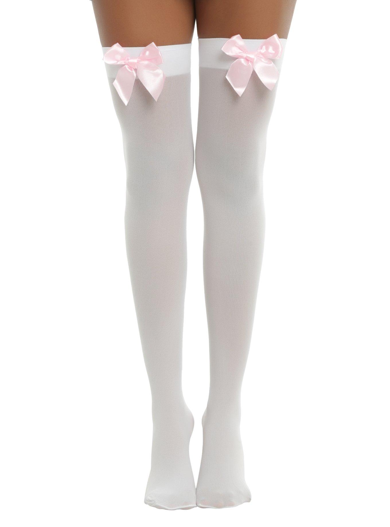 Blackheart White & Pastel Pink Bow Thigh Highs, , hi-res