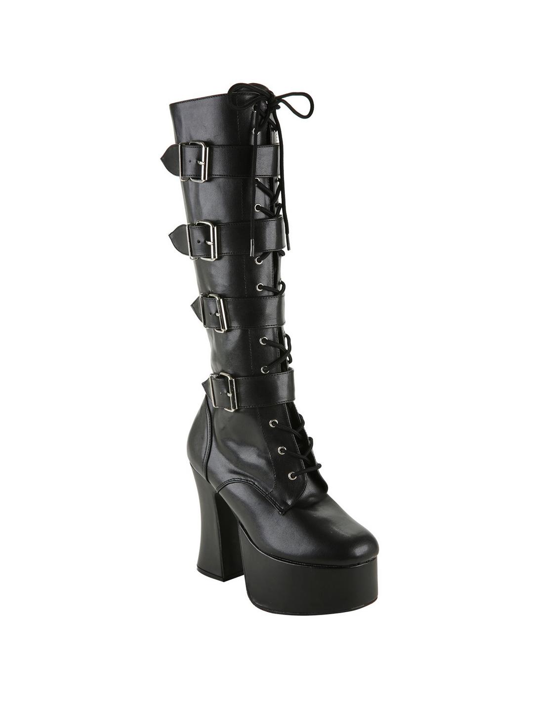 Demonia By Pleaser Slush Black Buckle Strap Platform Heel Boots, BLACK, hi-res