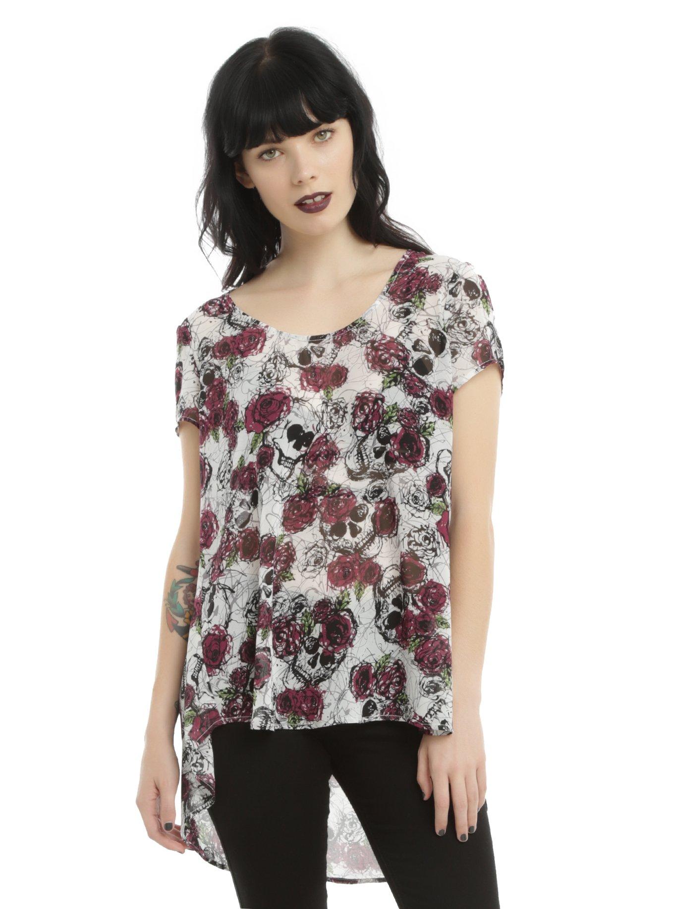 Burgundy & Black Floral Skull Chiffon Girls Hi-Low Hem Top, BLACK, hi-res