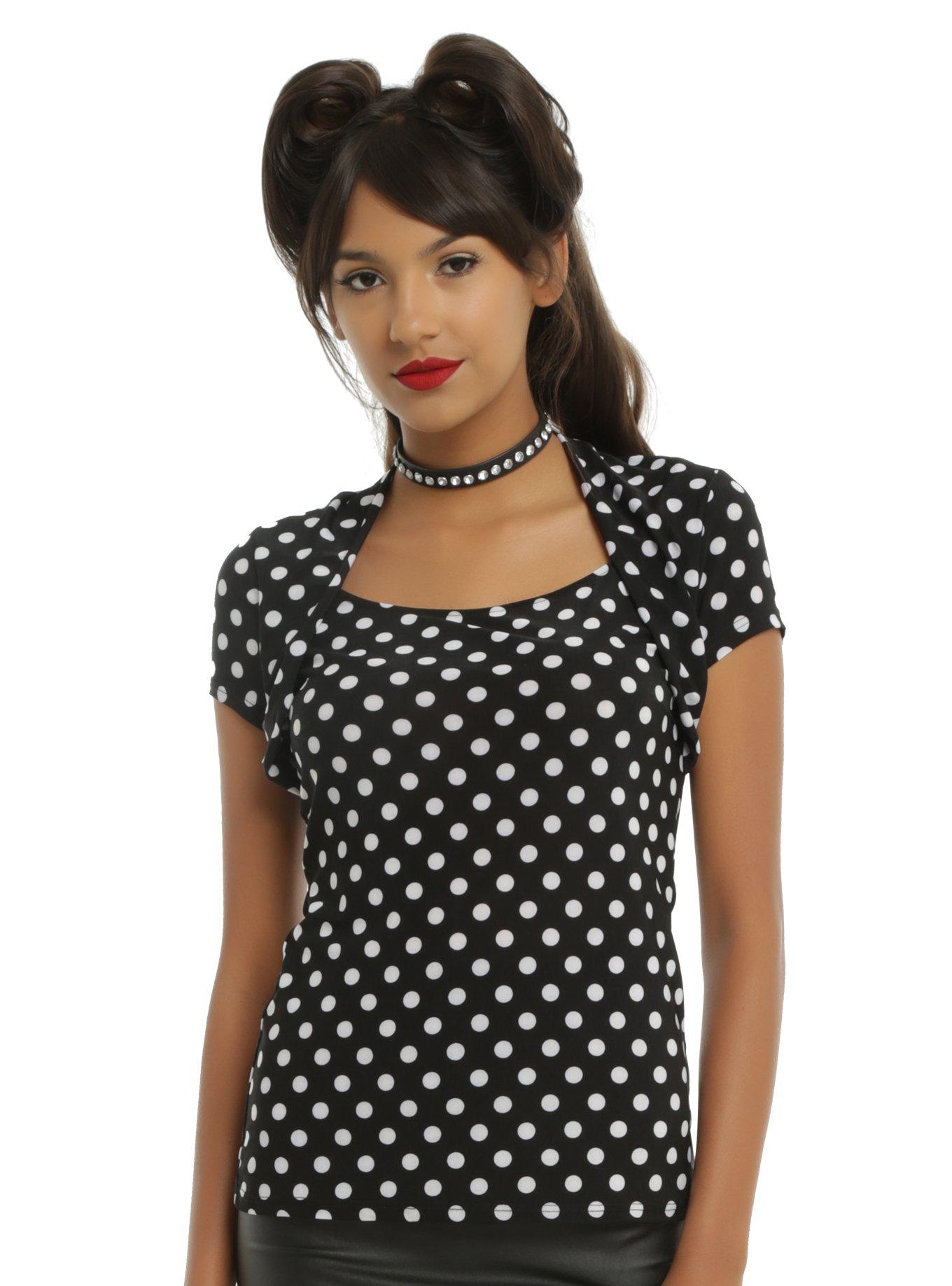 Black & White Polka Dot Rockabilly Girls Top, BLACK, hi-res