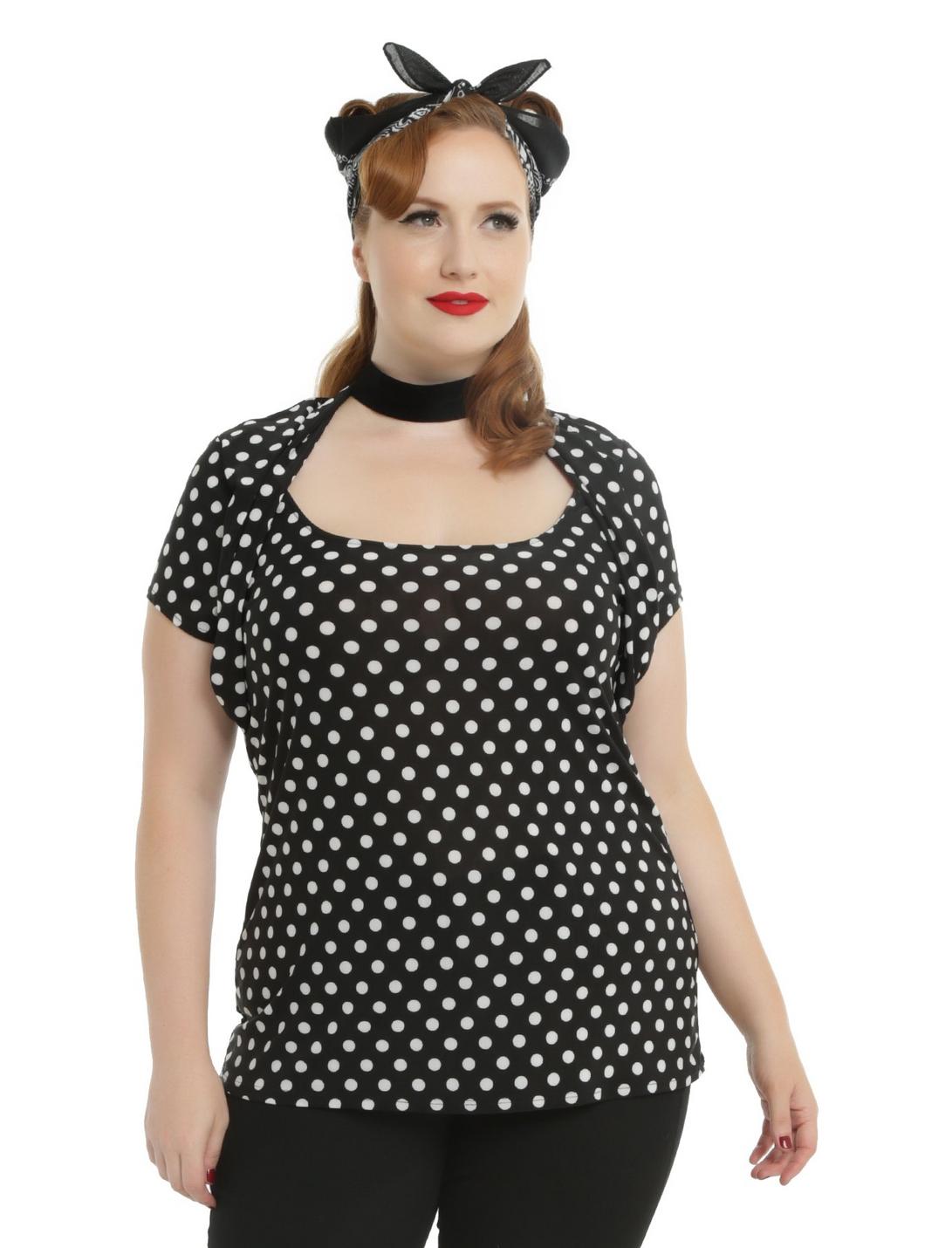 Black & White Polka Dots Rockabilly Girls Top Plus Size, BLACK, hi-res