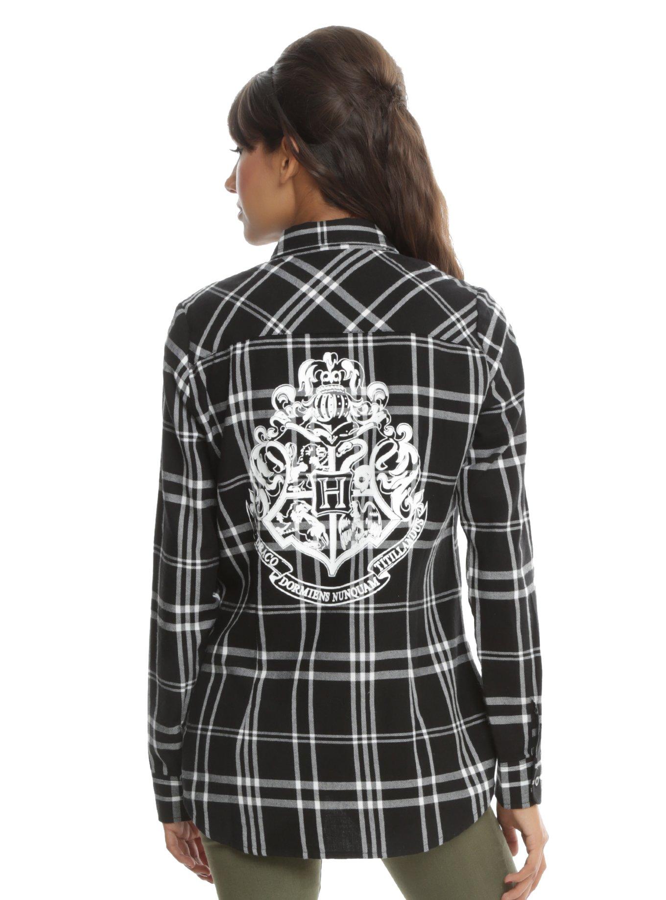 Harry Potter Hogwarts Plaid Girls Woven Button-Up, BLACK, hi-res