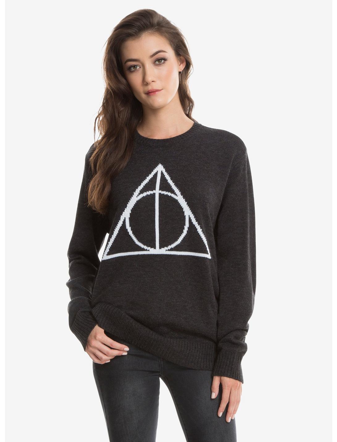 Harry Potter Deathly Hallows Womens Intarsia Pullover Sweater, BLACK-WHITE, hi-res